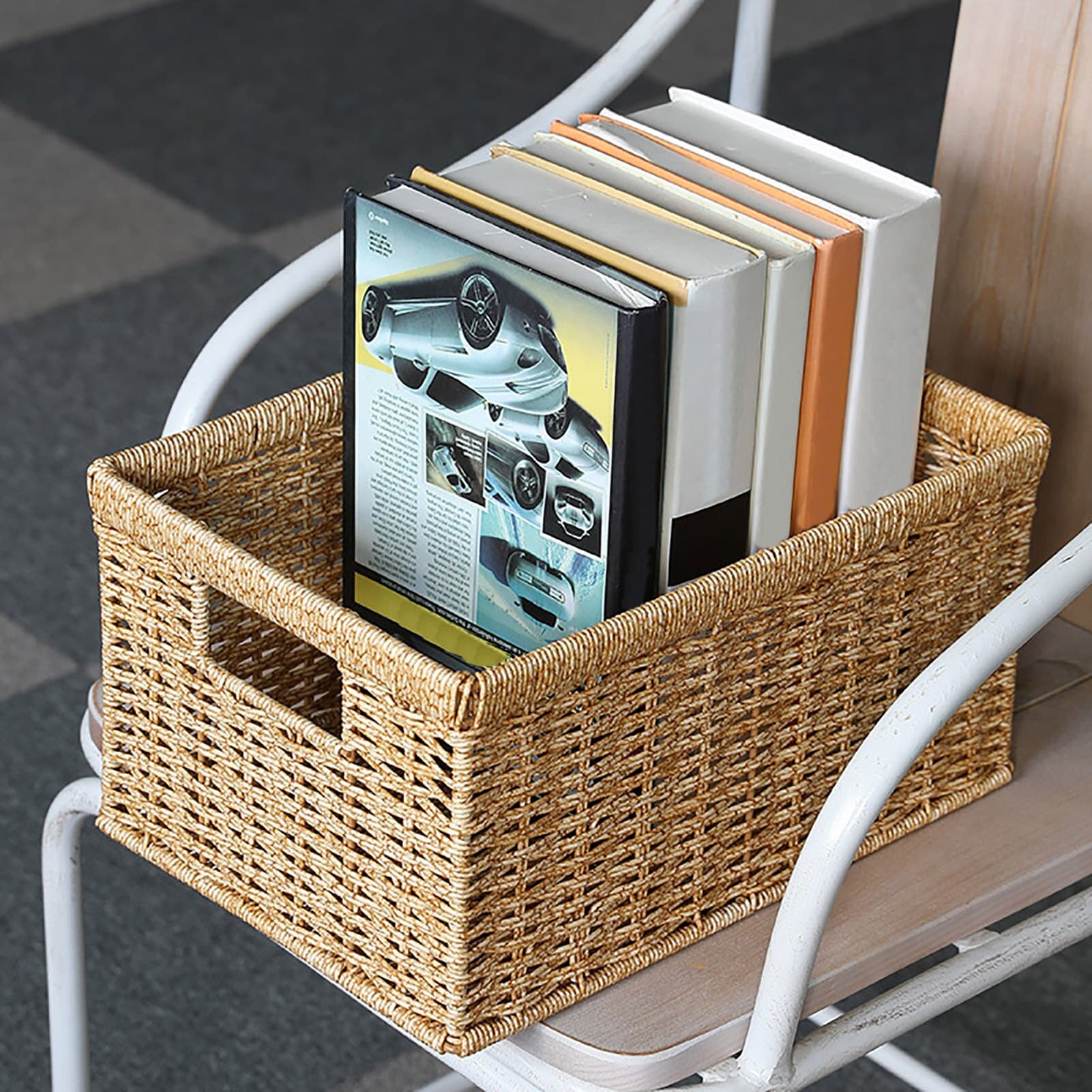 Panier en rotin rectangulaire tissé à la main