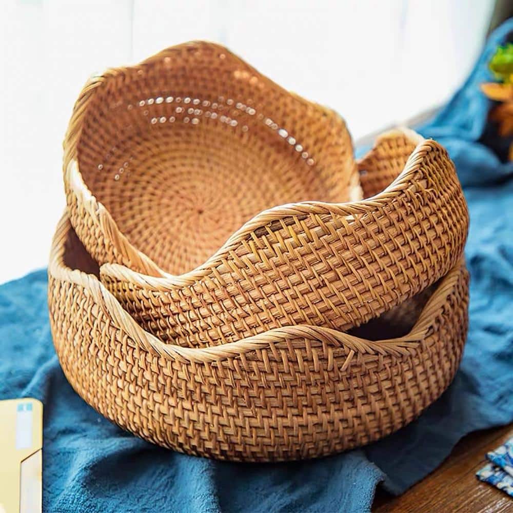 Panier plat de rangement en rotin tissé à la main