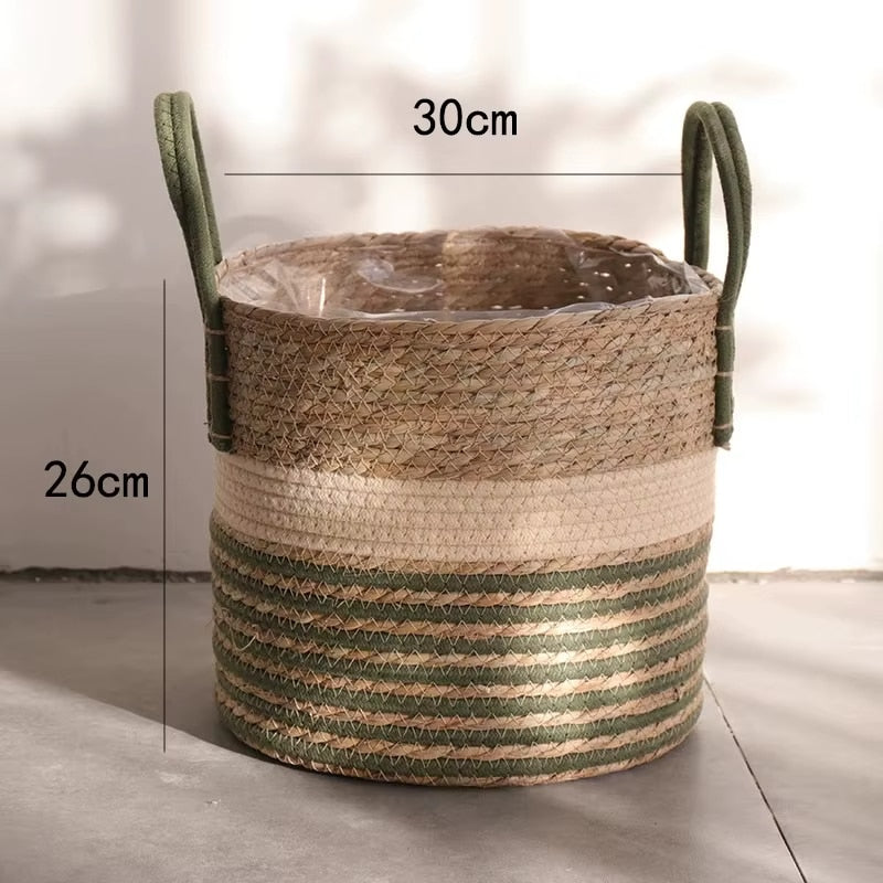 Panier en Rotin Bohème à Lignes Vertes