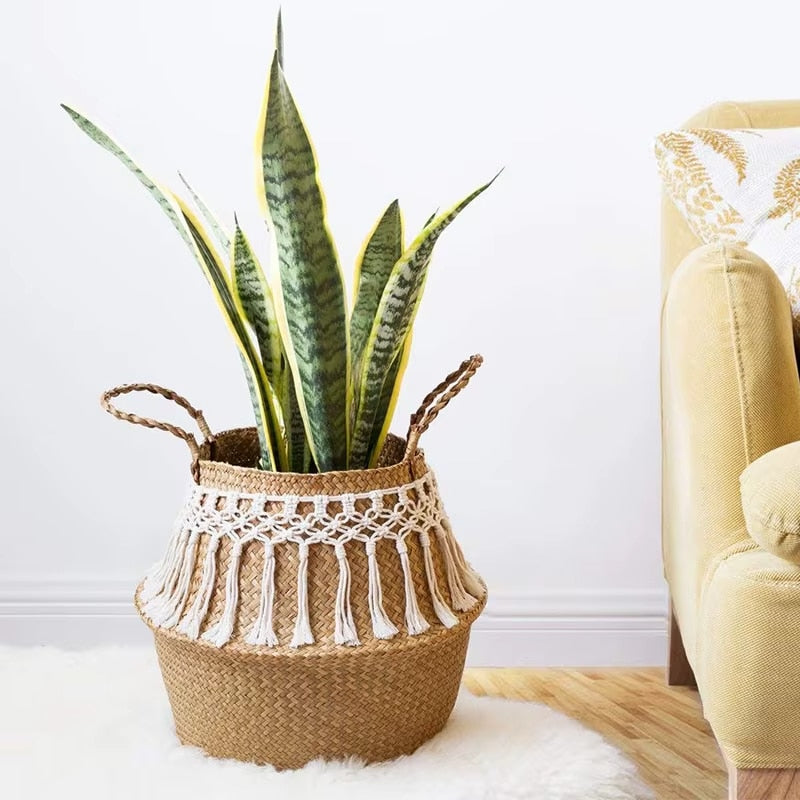Panier en Rotin Rustique en Macramé