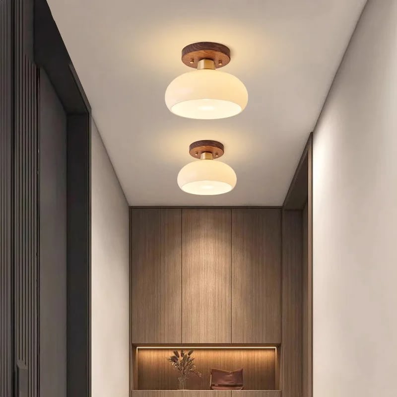 Plafonnier Bois LED de Style Moderne en Pierre de Verre