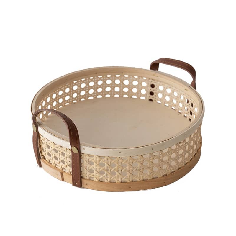 Plateau de rangement blanc en rotin avec anse en cuir