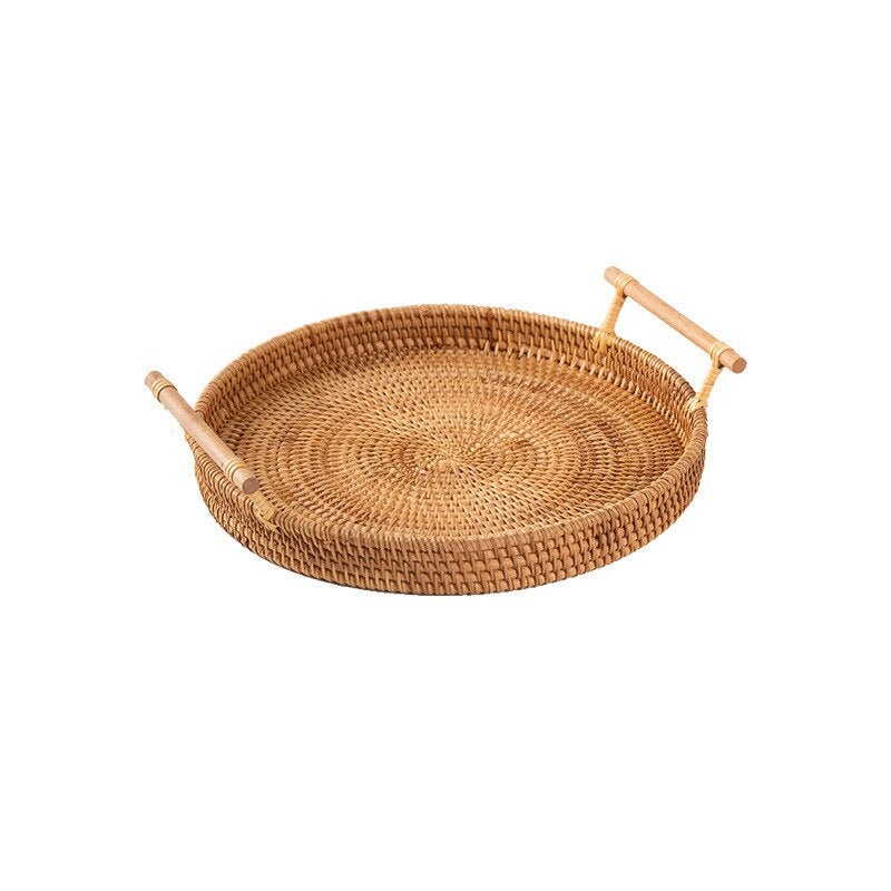 Plateau rond en rotin avec poignée en bois