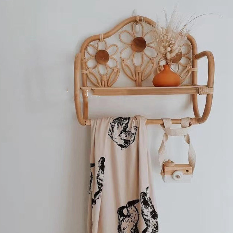 Porte-manteau mural étagère en rotin naturel