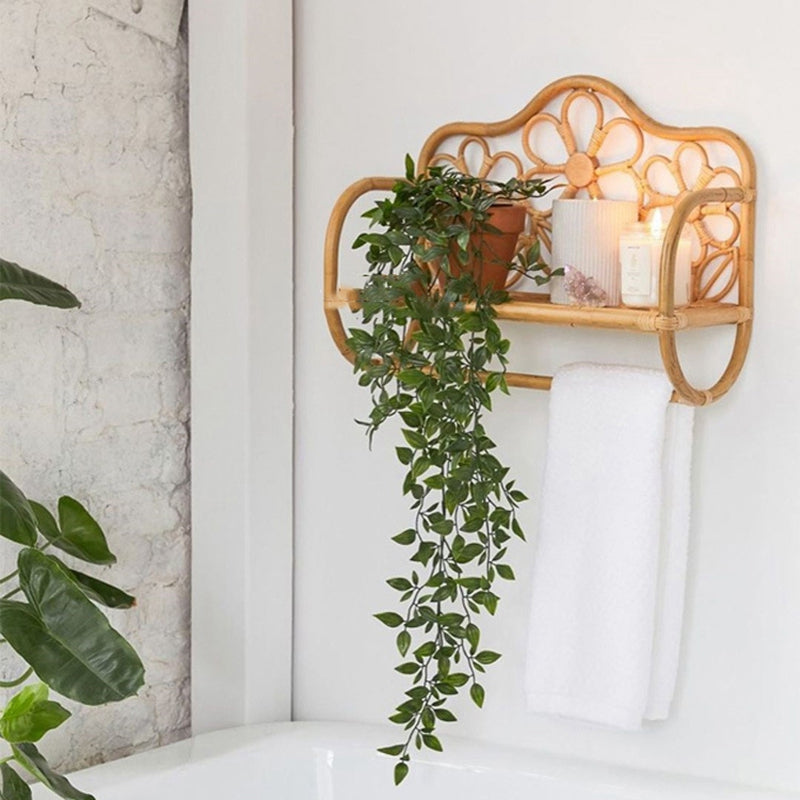 Porte-manteau mural étagère en rotin naturel