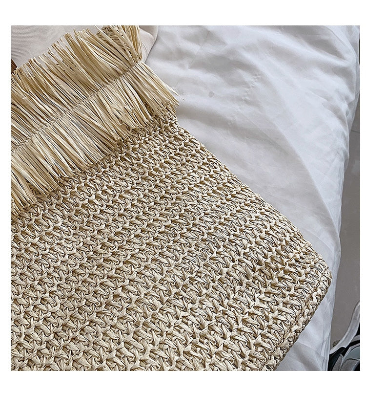 Sac à bandoulière tressé en paille blanche, avec franges, de grande capacité, pour femmes