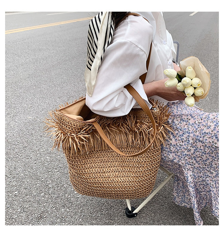 Sac à bandoulière tressé en paille marron, avec franges, de grande capacité, pour femmes