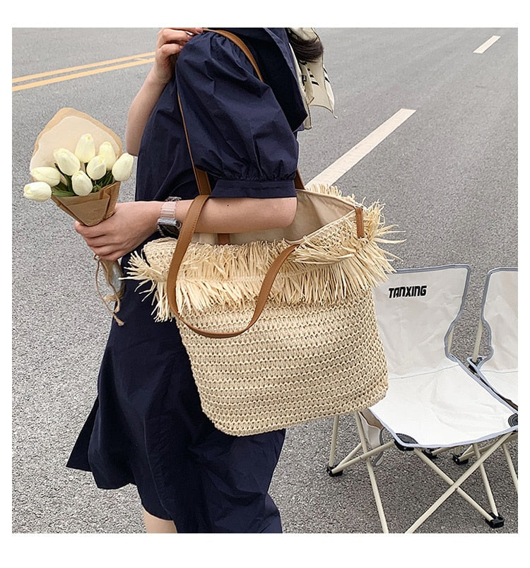 Sac à bandoulière tressé en paille blanche, avec franges, de grande capacité, pour femmes
