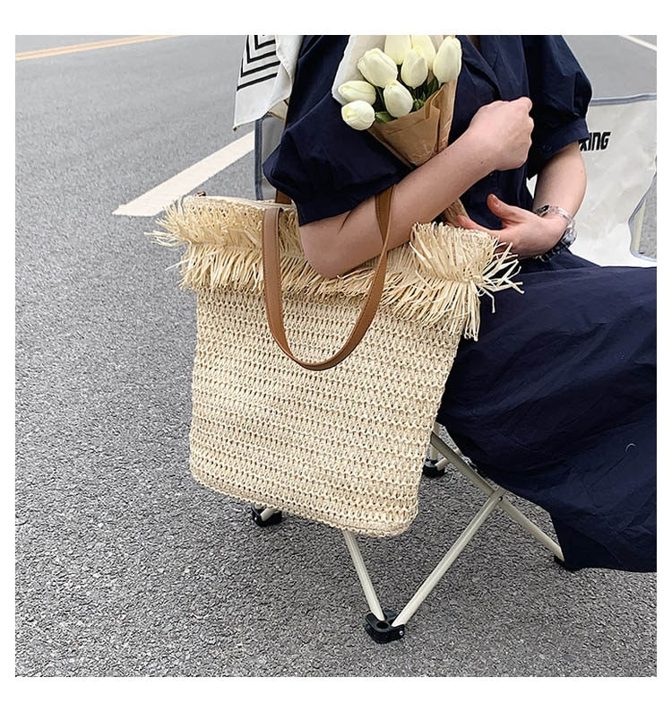 Sac à bandoulière tressé en paille blanche, avec franges, de grande capacité, pour femmes