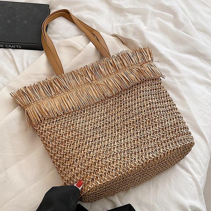 Sac à bandoulière tressé en paille marron, avec franges, de grande capacité, pour femmes