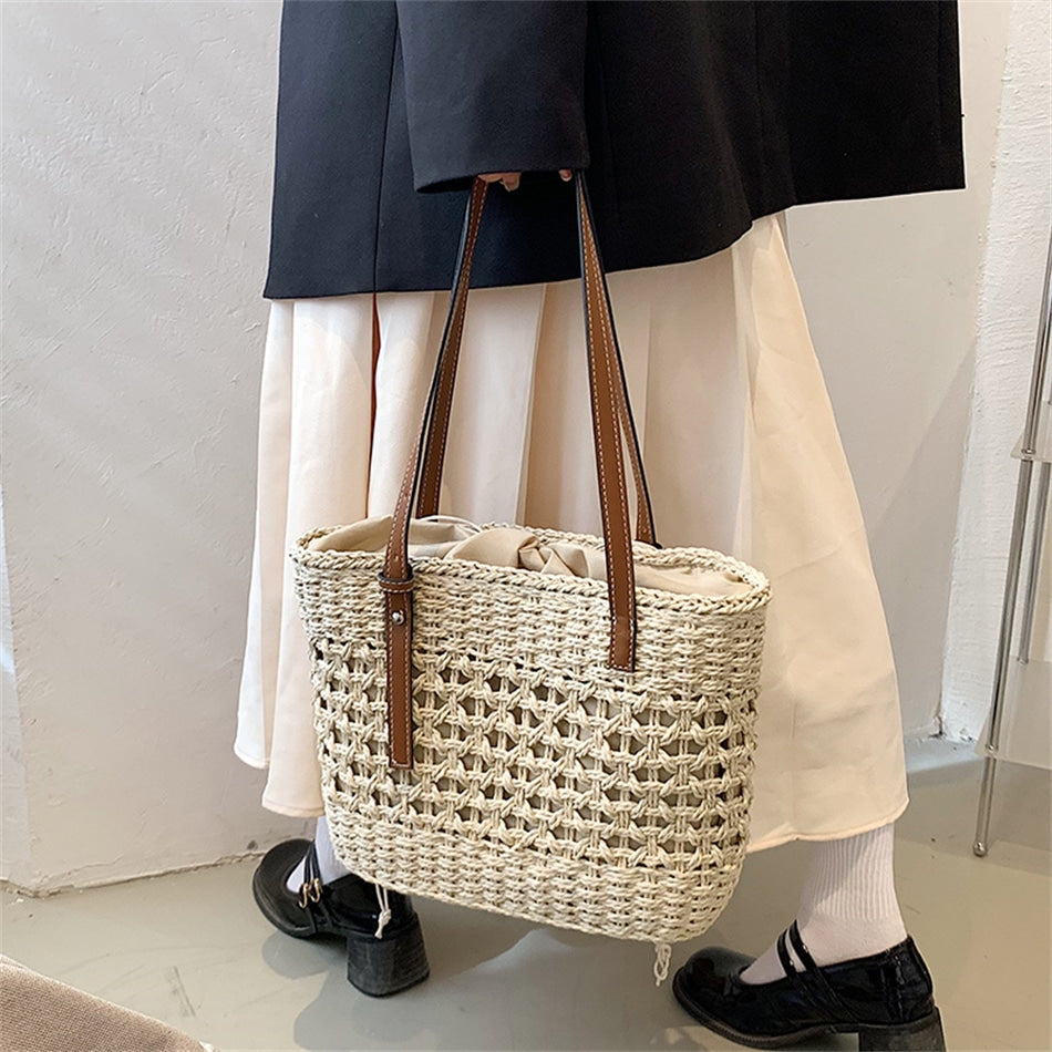 Sac à main beige tendance de plage en paille pour femme