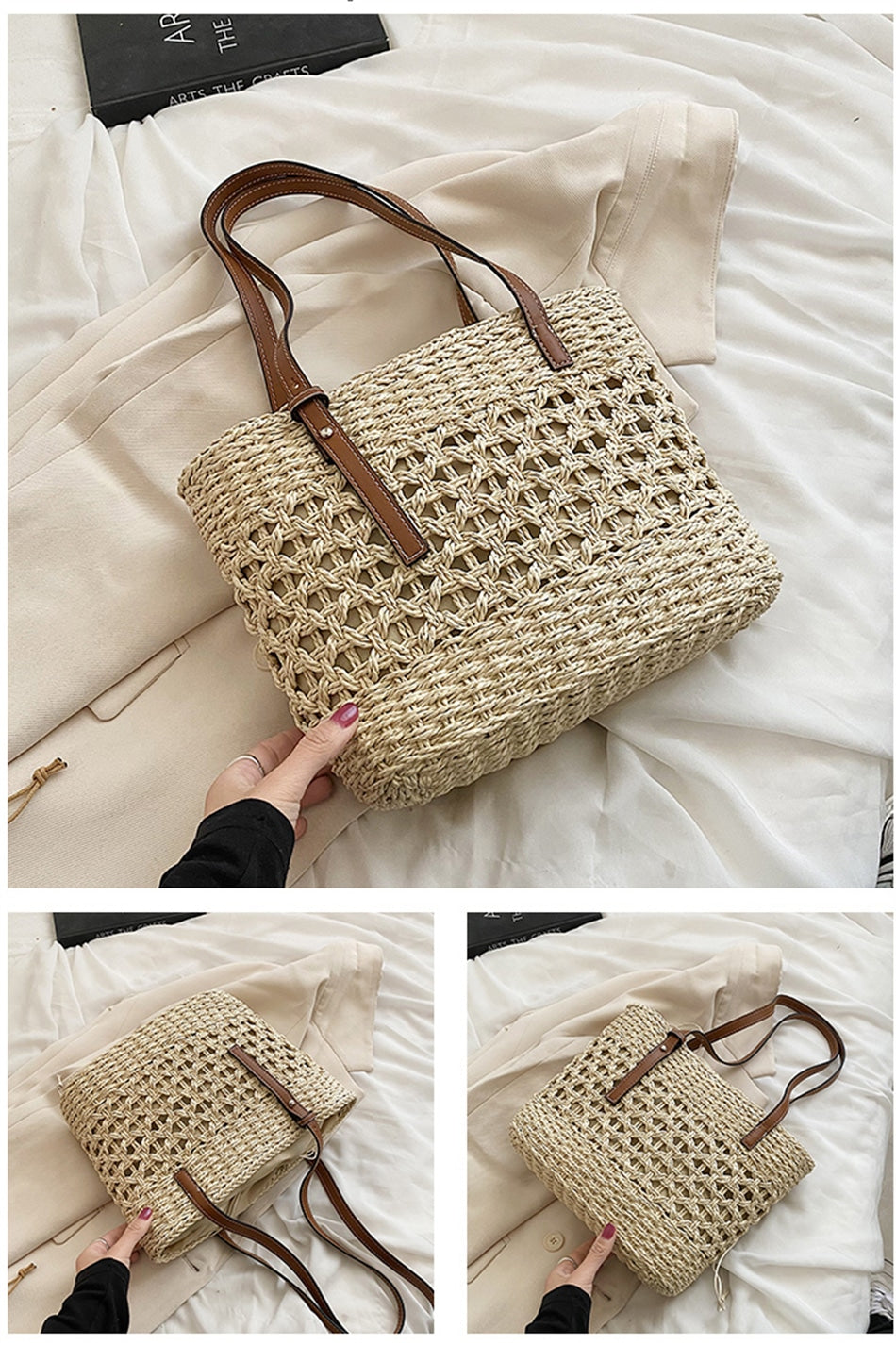 Sac à main beige tendance de plage en paille pour femme