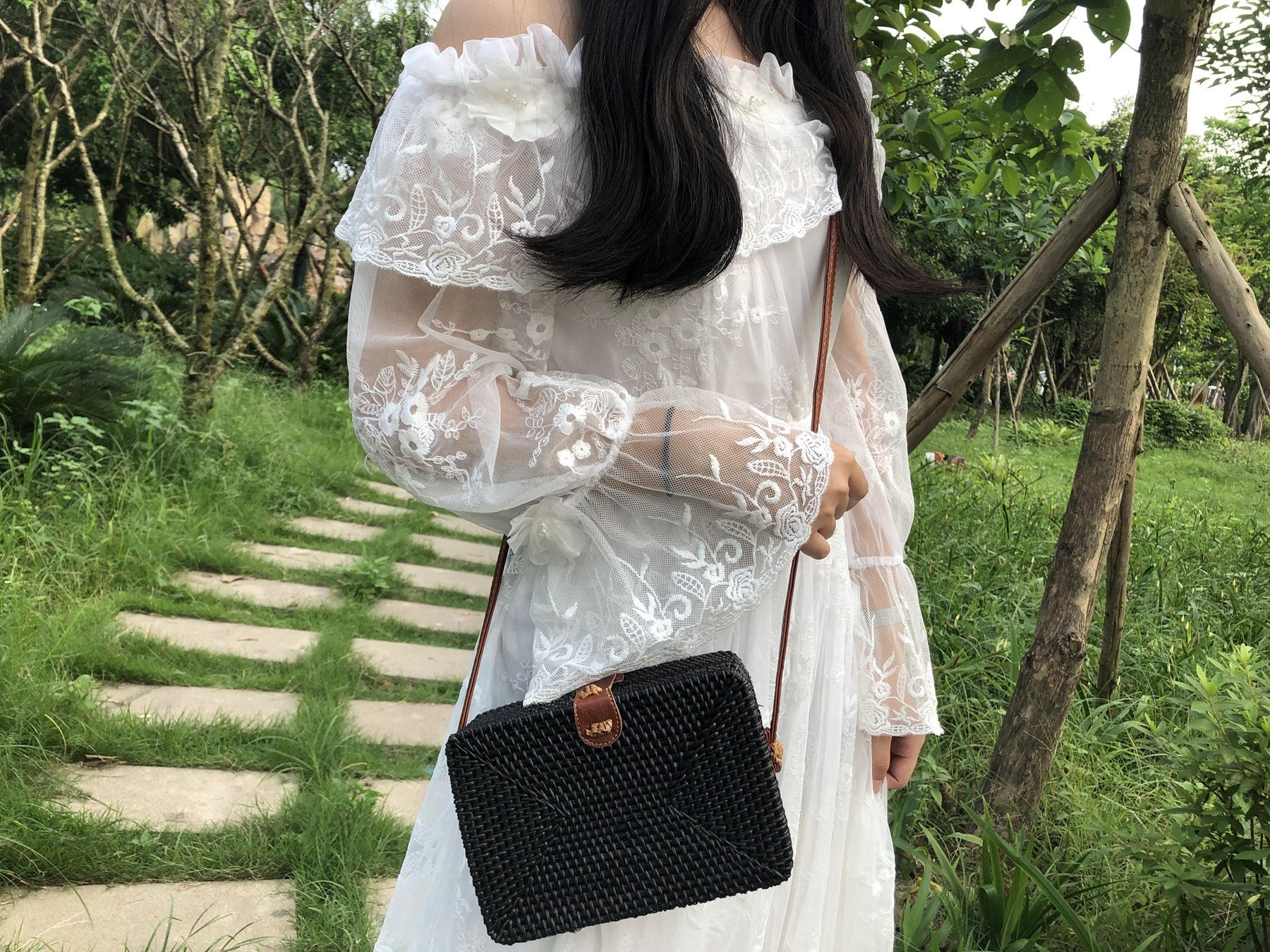 Sac à main carré bohème en rotin tissé à la main pour femme