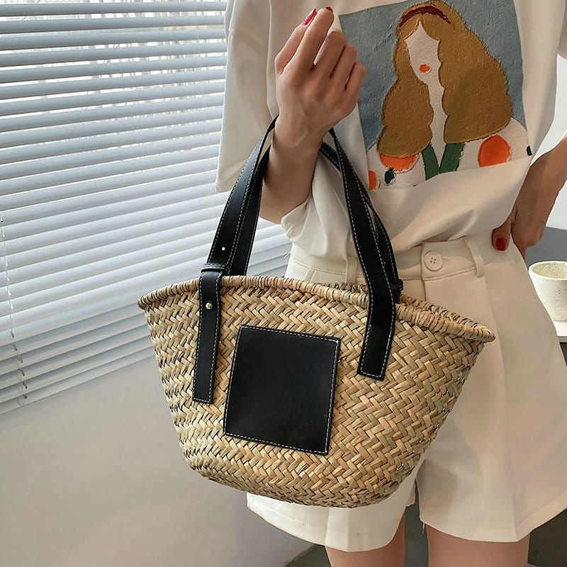 Sac à main d’été en paille tissé raphia, noir, pour femmes