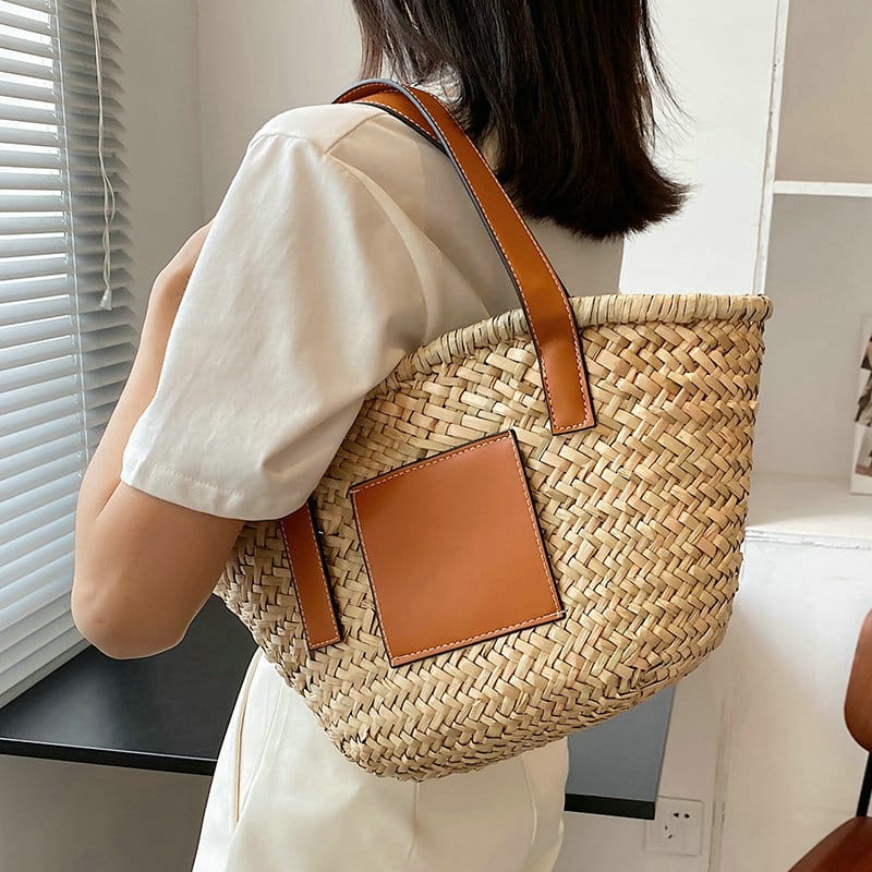 Sac à main d’été en paille tissé raphia, marron, pour femmes