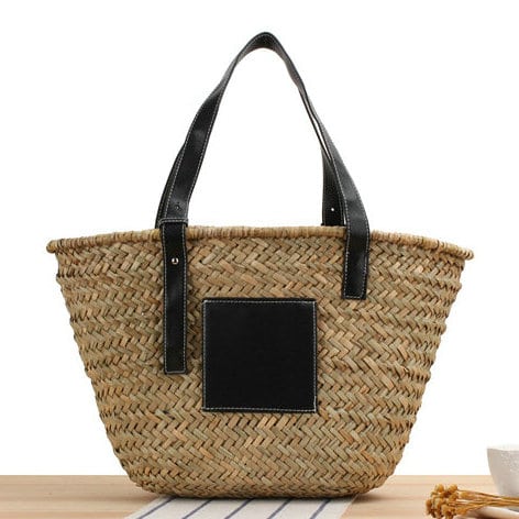 Sac à main d’été en paille tissé raphia, noir, pour femmes
