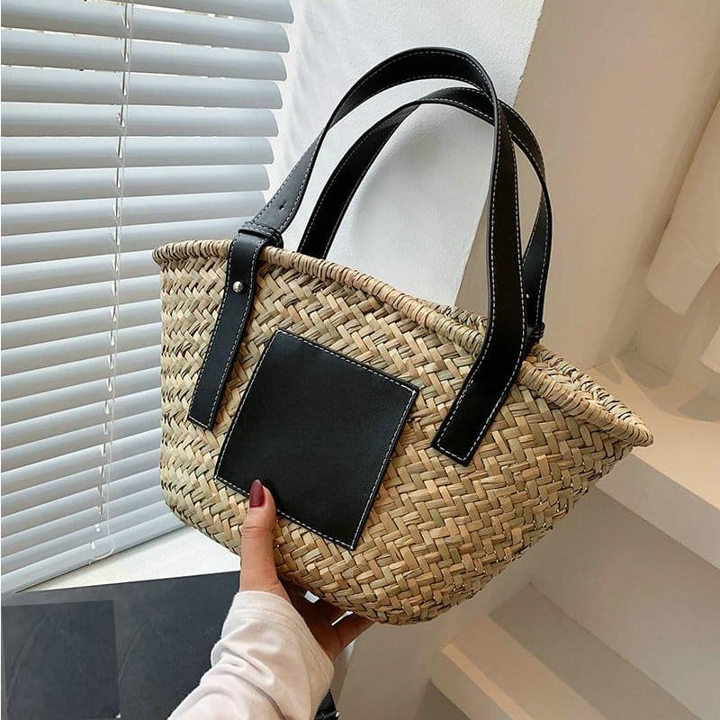Sac à main d’été en paille tissé raphia, noir, pour femmes