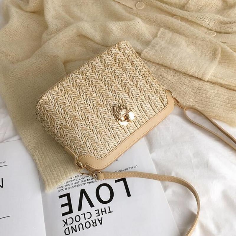 Sac à main de plage marron en rotin à chaînes pour femme