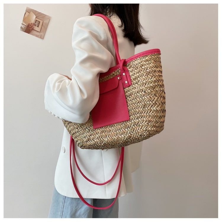 Sac d’été en paille de grande capacité fait à la main, rose, pour femmes