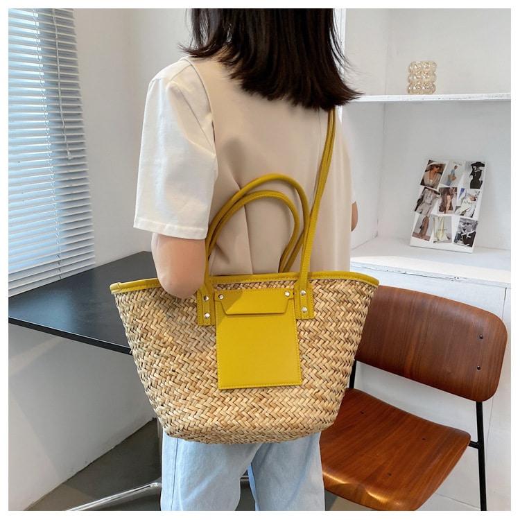 Sac d’été en paille de grande capacité fait à la main, jaune, pour femmes