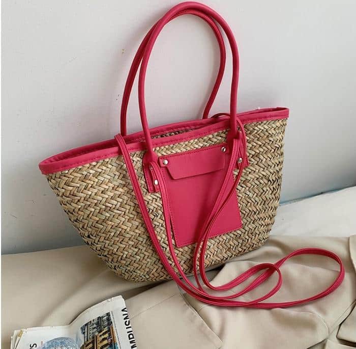 Sac d’été en paille de grande capacité fait à la main, rose, pour femmes