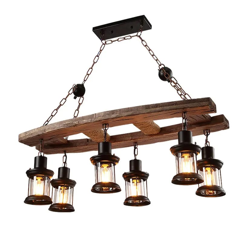 Suspension Bois Flotté Style vintage avec Six Lanternes à LED