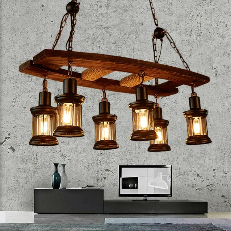 Suspension Bois Flotté Style vintage avec Six Lanternes à LED
