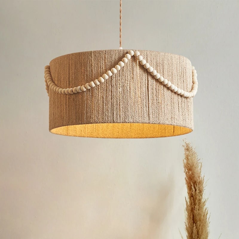 Suspension Effet Rotin de Style Rétro avec Perles en Bois