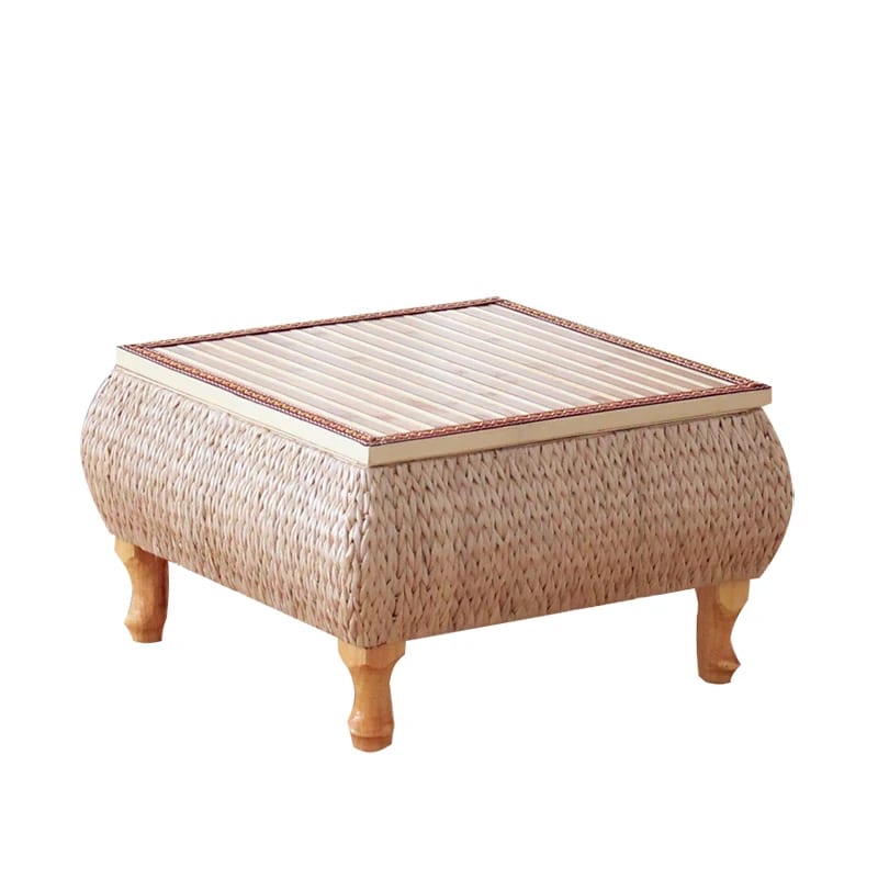 Table Basse en Osier Carrée avec Coffre de Rangement