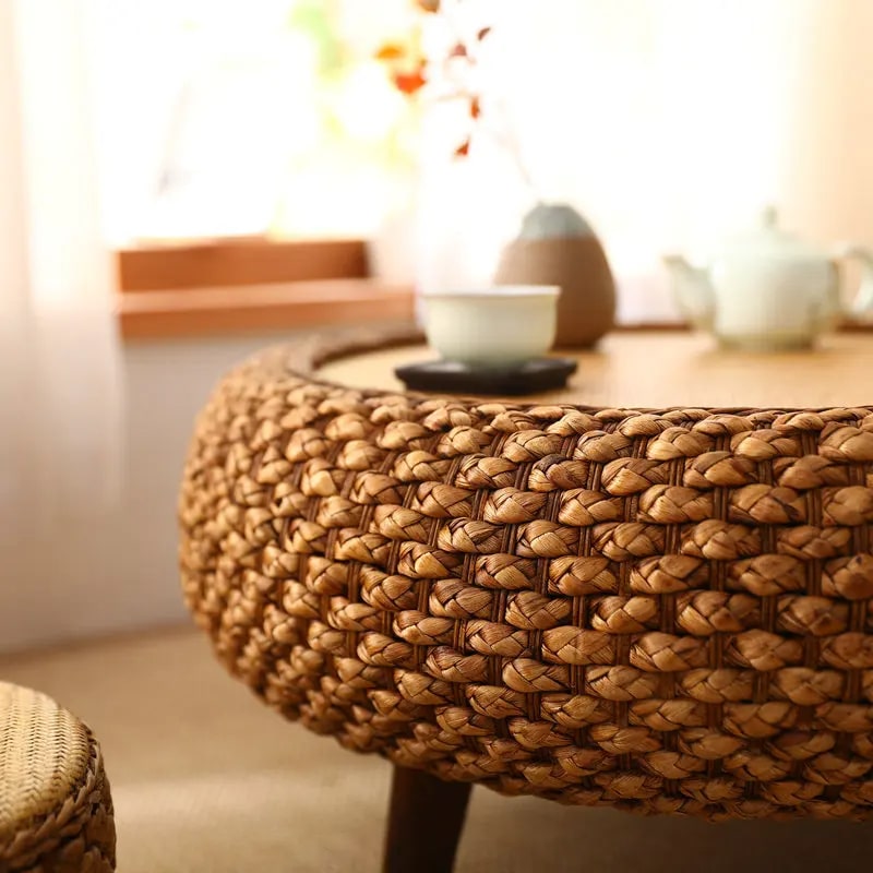 Table Basse en Osier Ronde sur Pieds