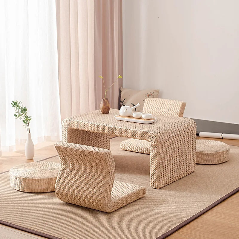 Table Basse en Osier Tissée à la Main Style Japonais