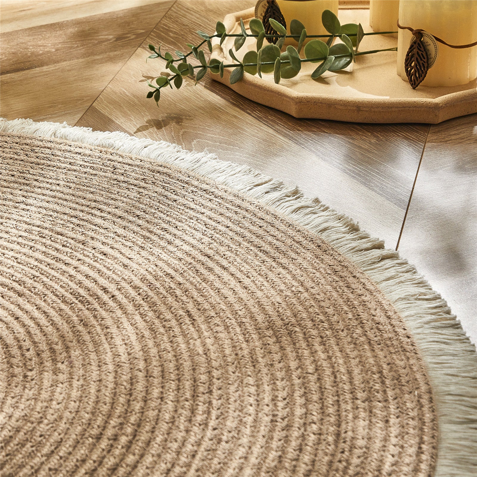 Tapis rond bicolore en rotin PE