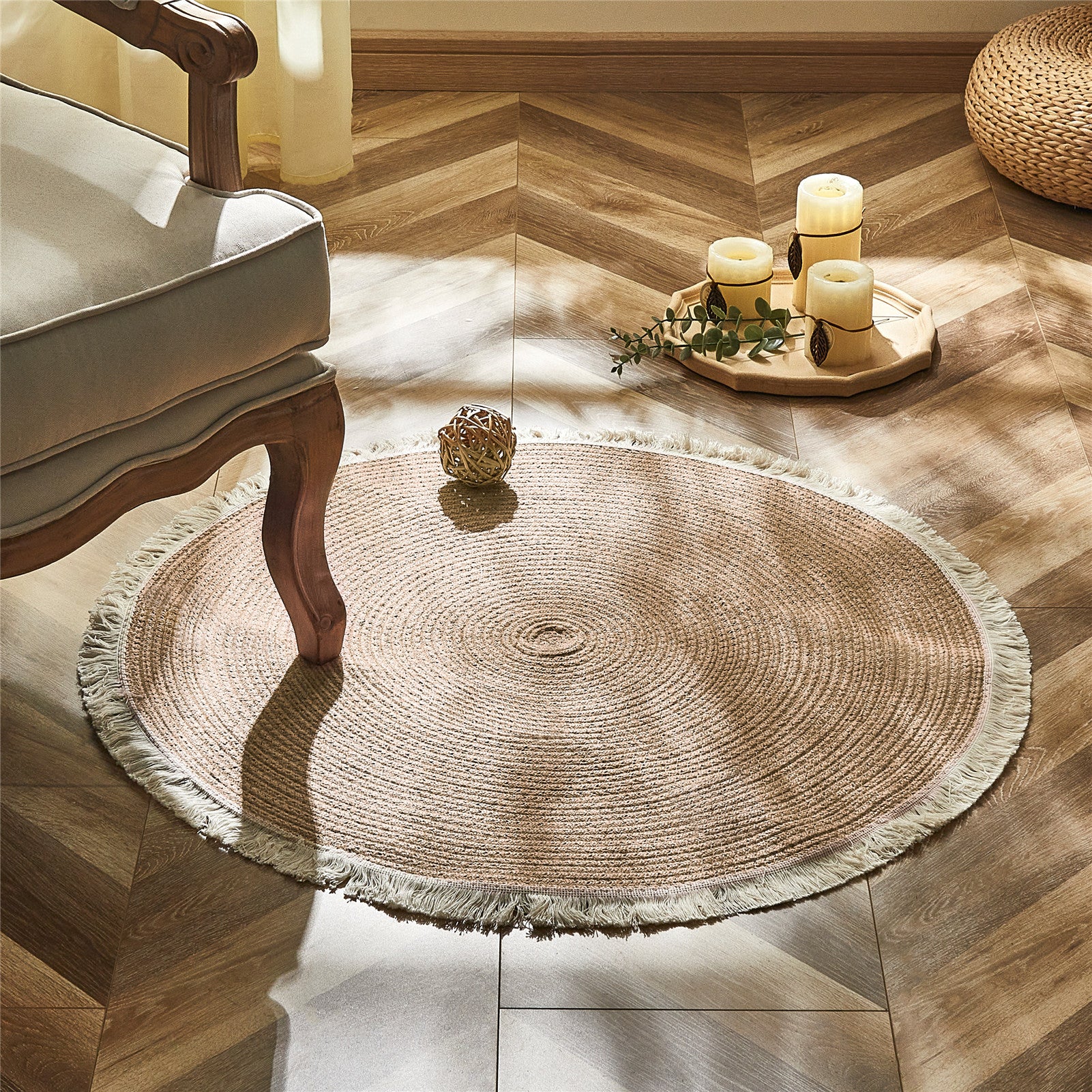 Tapis rond bicolore en rotin PE