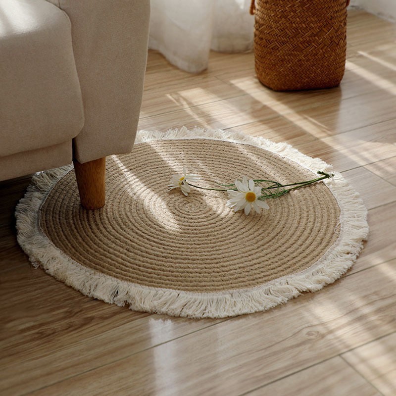 Tapis rond tissé en coton et en lin fait à la main, avec pompon, pour la décoration de la maison