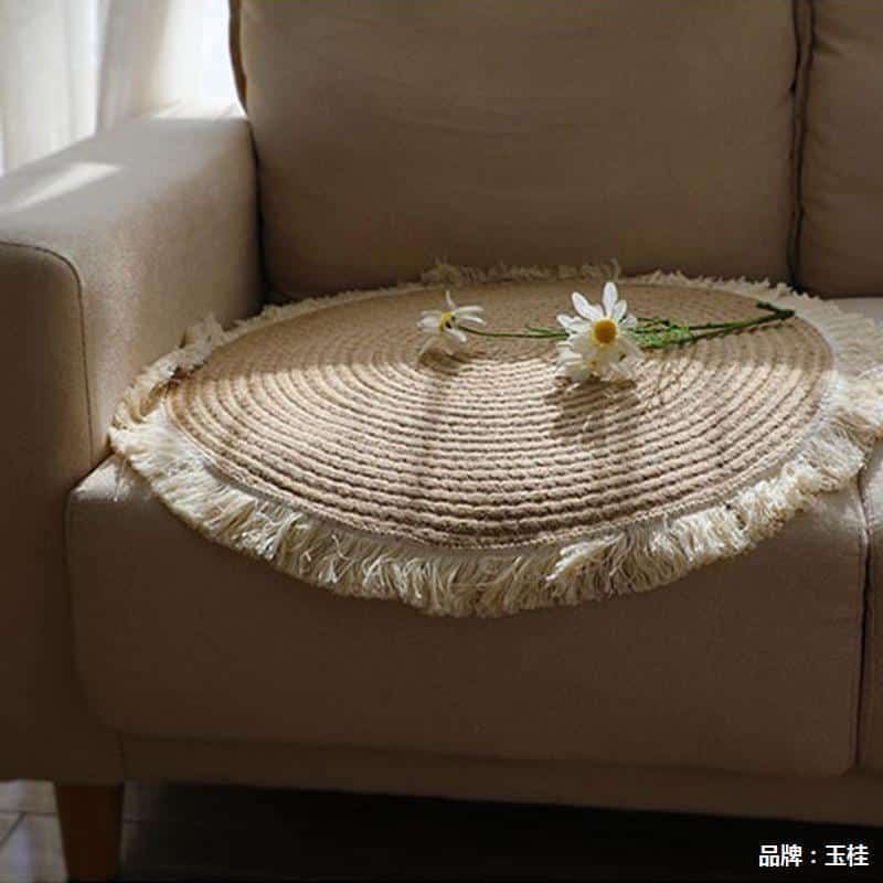 Tapis rond tissé en coton et en lin fait à la main, avec pompon, pour la décoration de la maison