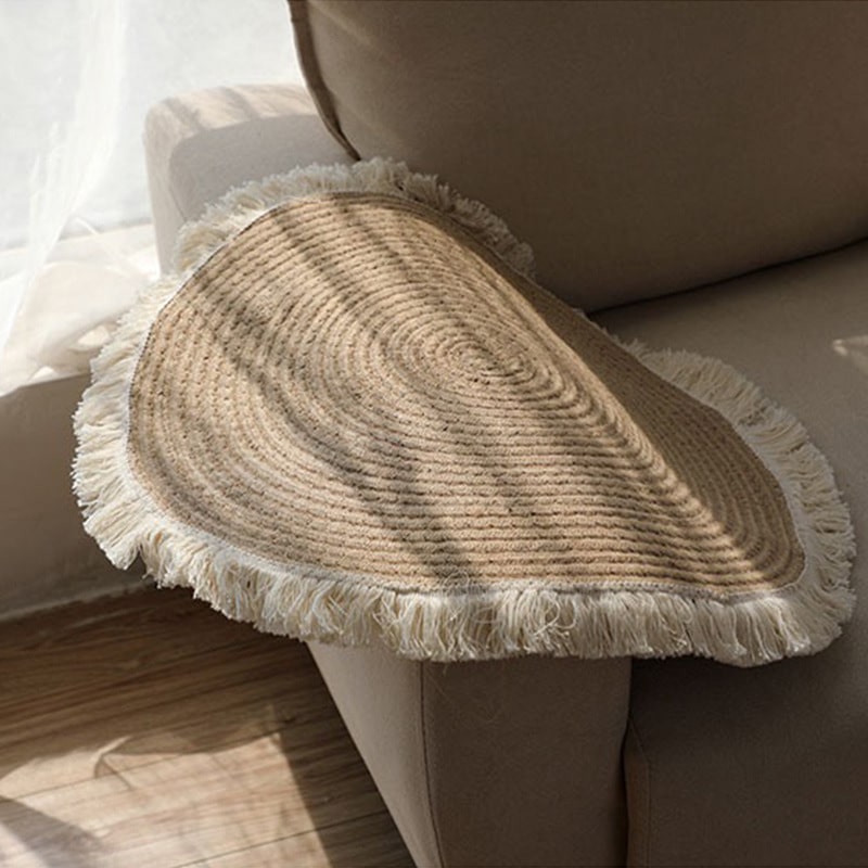 Tapis rond tissé en coton et en lin fait à la main, avec pompon, pour la décoration de la maison