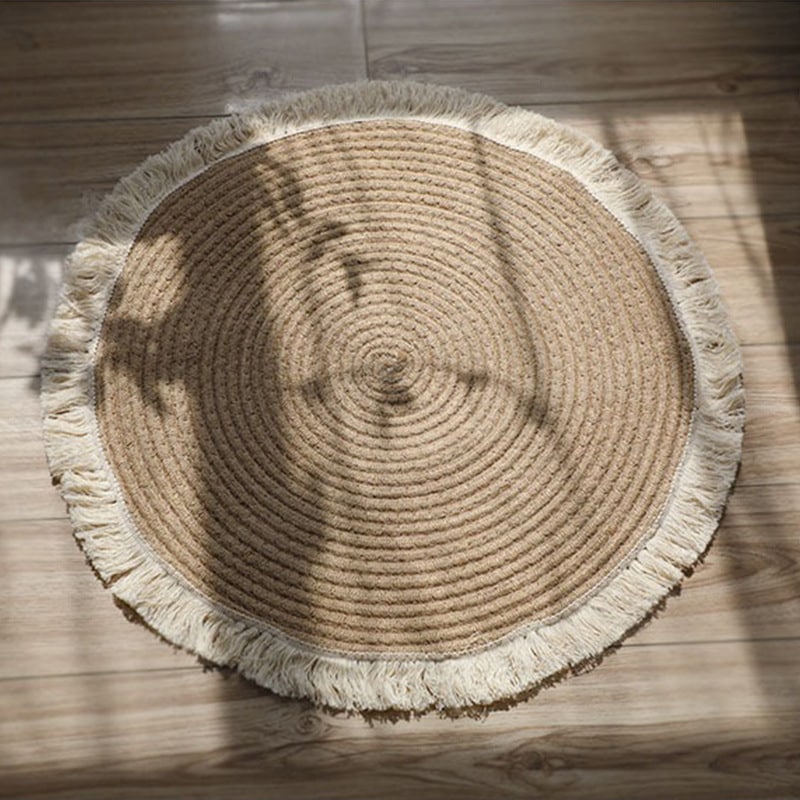Tapis rond tissé en coton et en lin fait à la main, avec pompon, pour la décoration de la maison
