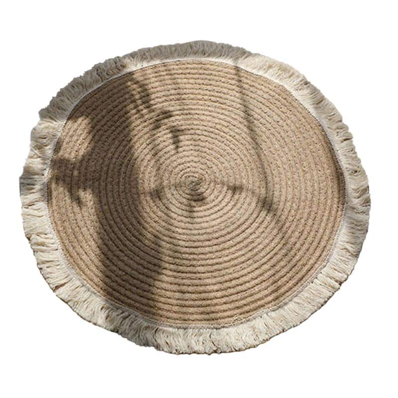Tapis rond tissé en coton et en lin fait à la main, avec pompon, pour la décoration de la maison