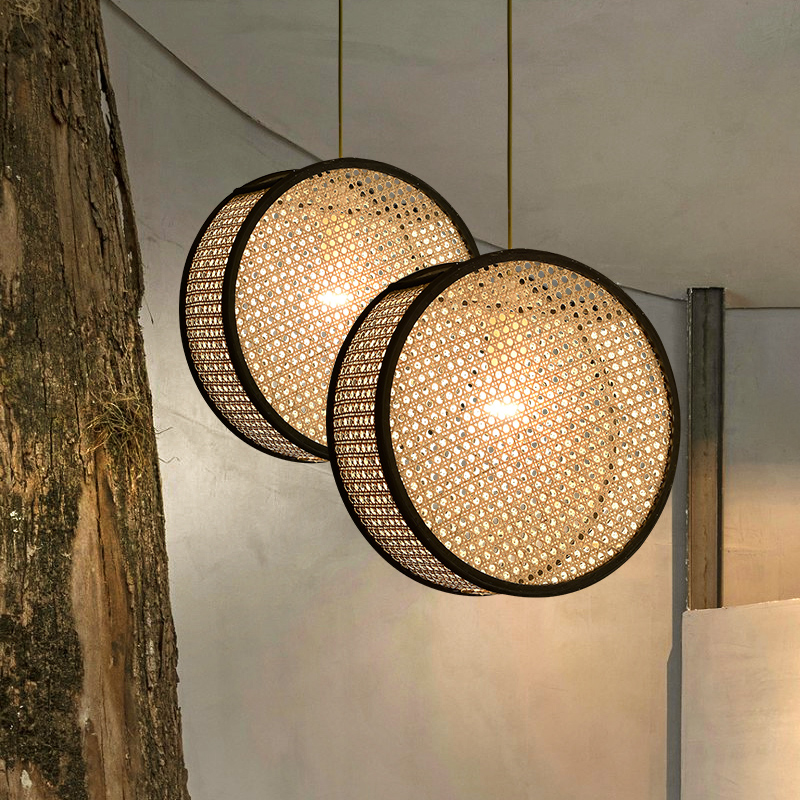 Suspension rotin cannage disque rond noir | Orba