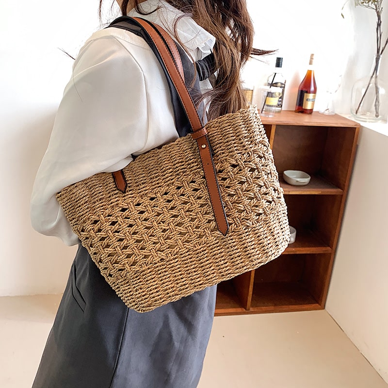Sac à main de luxe en paille pour femmes beige ou marron