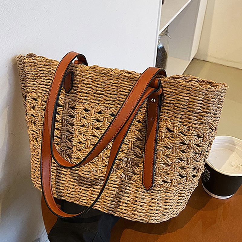 Sac à main de luxe en paille pour femmes beige ou marron