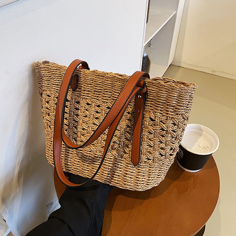 Sac à main de luxe en paille pour femmes beige ou marron