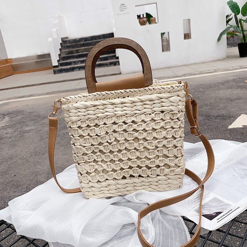 Sac à bandoulière tissé rétro pour femmes avec anse en bois