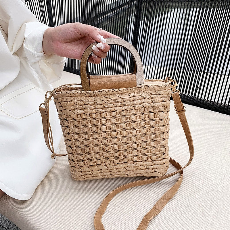 Sac à bandoulière tissé rétro pour femmes avec anse en bois