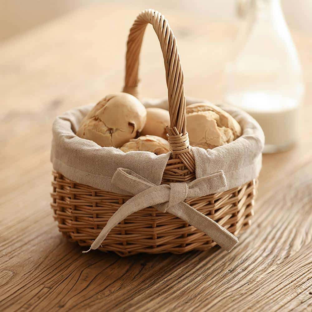 Panier de rangement ornemental avec anse et intérieur en tissu beige