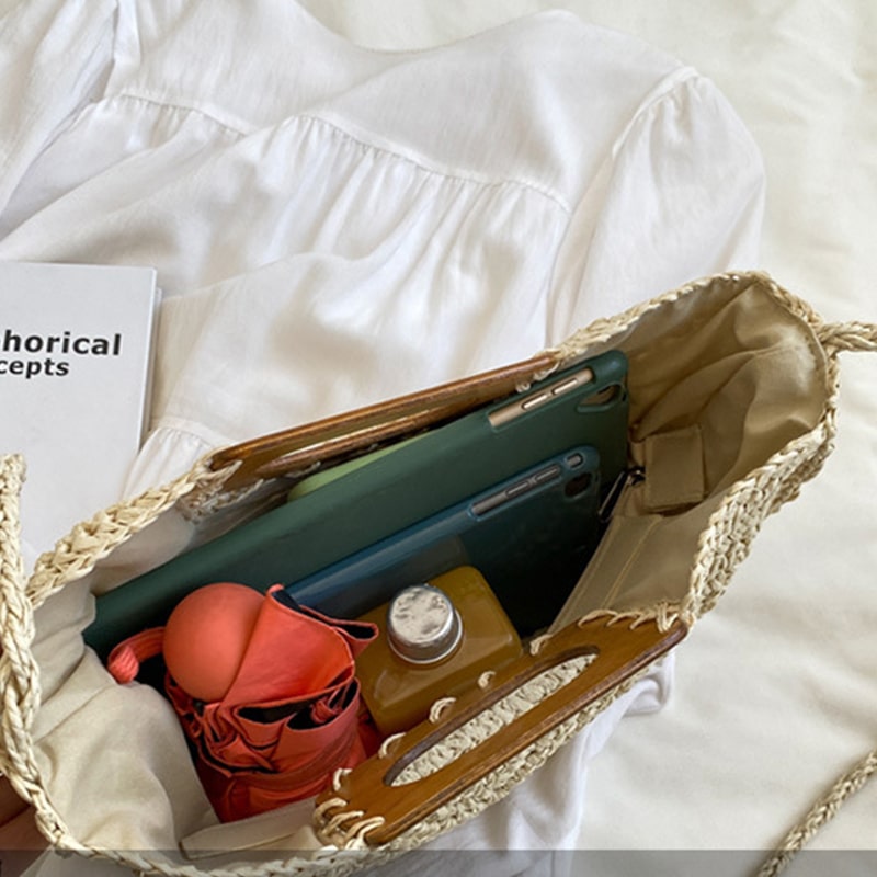 Sac à main rotin à poignée en bois pour femmes