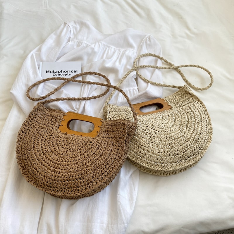 Sac à main rotin à poignée en bois pour femmes
