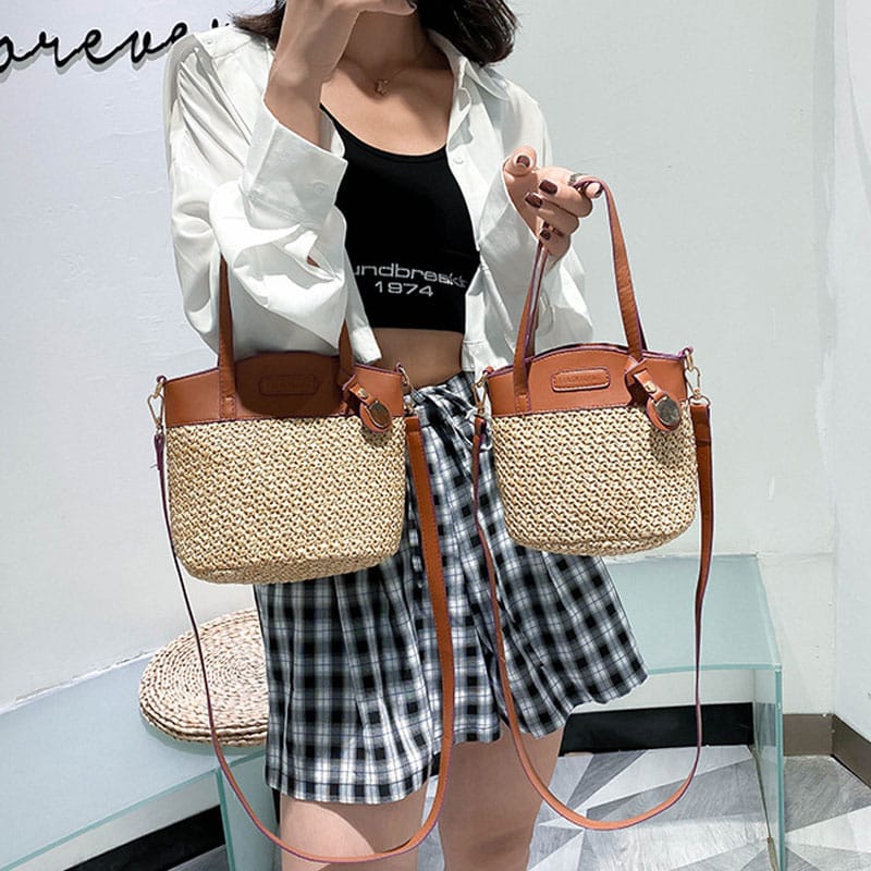 Sac à main en paille et simili cuir raffiné pour femme