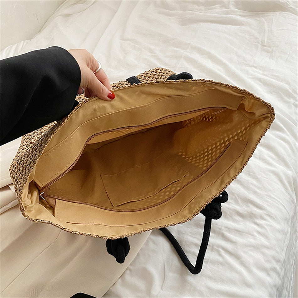 Sac à main en paille tissé avec anses pour femmes