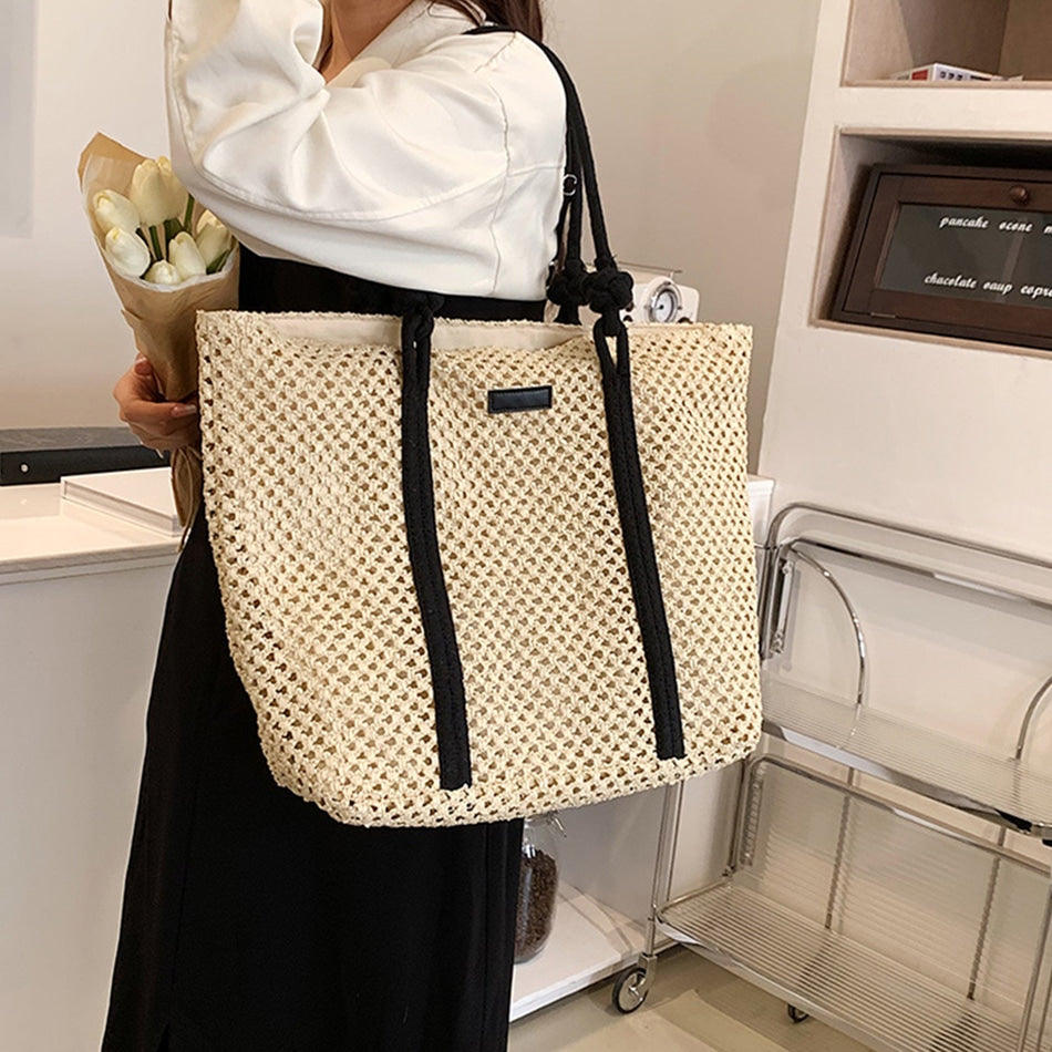 Sac à main en paille tissé avec anses pour femmes